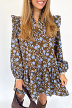 Brown Floral Print Ruffled Detail Shirt Collar Button Down Long Sleeve Dress