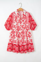 Red Collared V Neck Half Sleeve Loose Flower Mini Dress