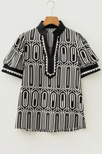Black Geometric Print Contrast Scallop Color Block Patchwork Short Sleeve Blouse