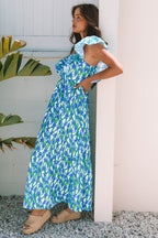 Pink Floral Print Square Neck Ruffled Strap Maxi Dress