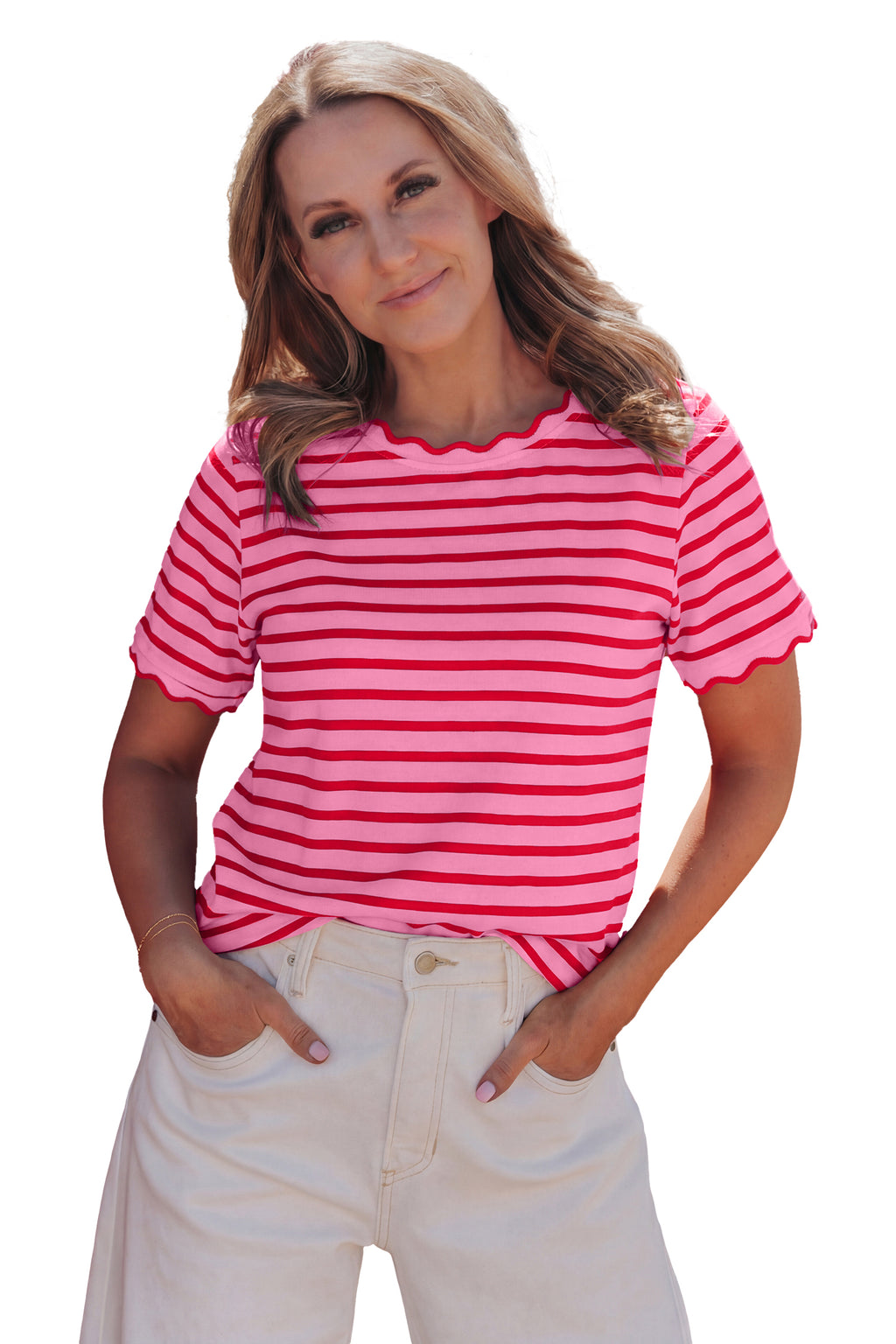 Red Stripe Scalloped Trim Round Neck T Shirt