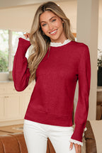 Jet Stream Lace Trim Patchwork Buttoned Cuffs Loose Sweater
