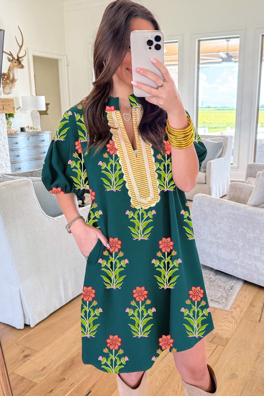 Green Floral Print Contrast Trim Striped Patchwork Short Sleeve Dress