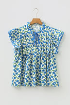 Sky Blue Tiered Flutter Sleeve Pleated Flower Blouse