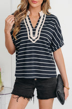 Blue Stripe Stand Collar V Neck Elastic Cuffs Half Sleeve Dolman Top