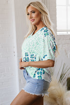 Sky Blue Mixed Leopard Print V Neck Short Sleeve Blouse