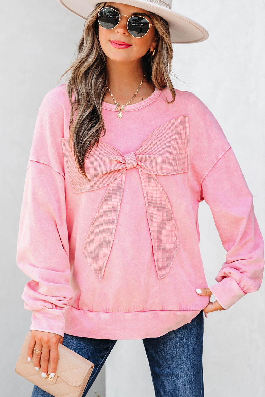 Light French Beige Mineral Wash Big Bow Patchwork Pullover Sweatshirt