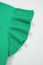 Sachet Pink Solid Color Ribbed Trim Round Neck Ruffle Short Sleeve Sweater