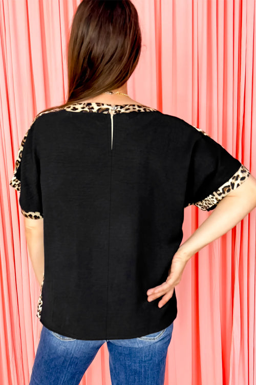 Black Plus Size Leopard Patchwork Round Neck Loose Tee