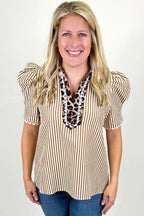 Sky Blue Stripe Ricrac Trim Short Puff Sleeve Leopard Patchwork Collar V Neck Blouse