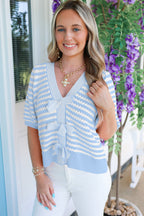 Sky Blue Stripe Short Sleeve Knit V Neck Bow Knot Sweater