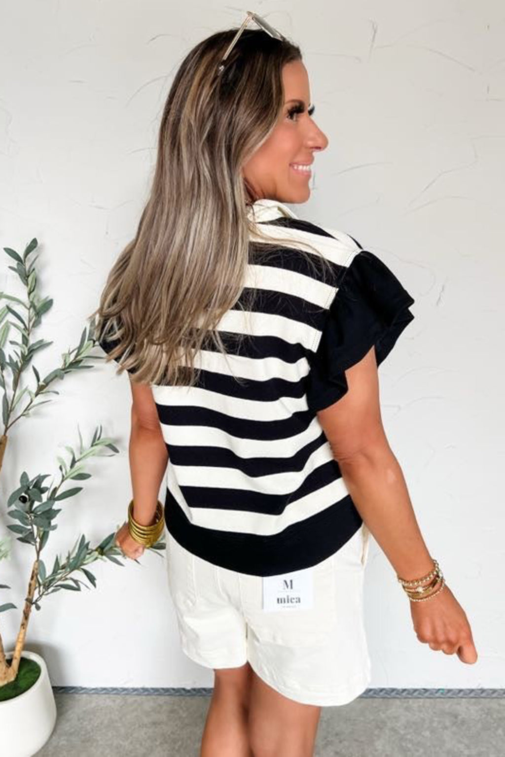 Green Stripe Collar V Neck Ruffled Short Sleeve Blouse