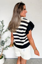 Green Stripe Collar V Neck Ruffled Short Sleeve Blouse