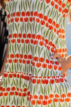 White Tulip Floral Print Cotton Puff Short Sleeve Mini Dress