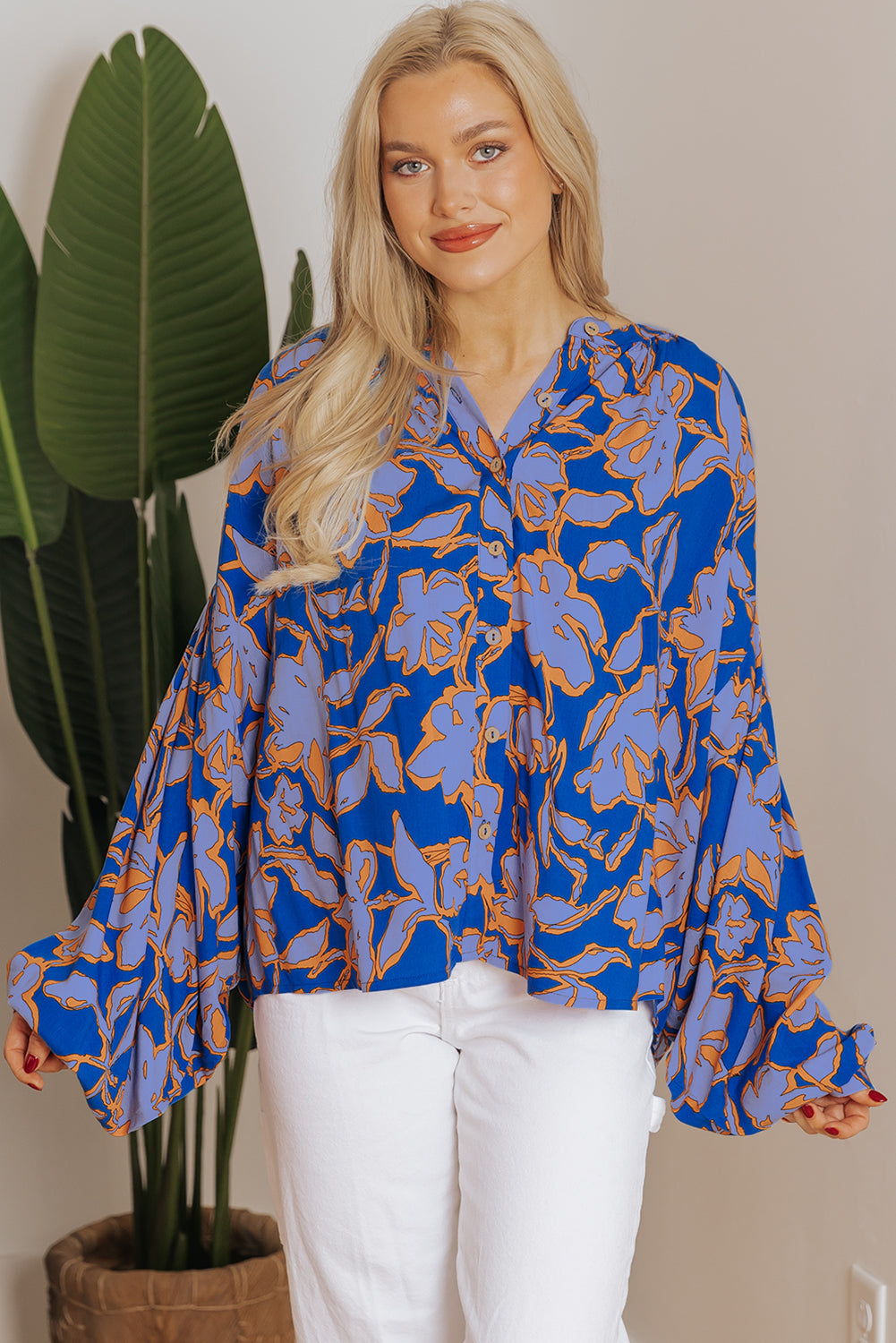 Gray Morn Floral Print Batwing Sleeve Buttoned Loose Fit Shirt