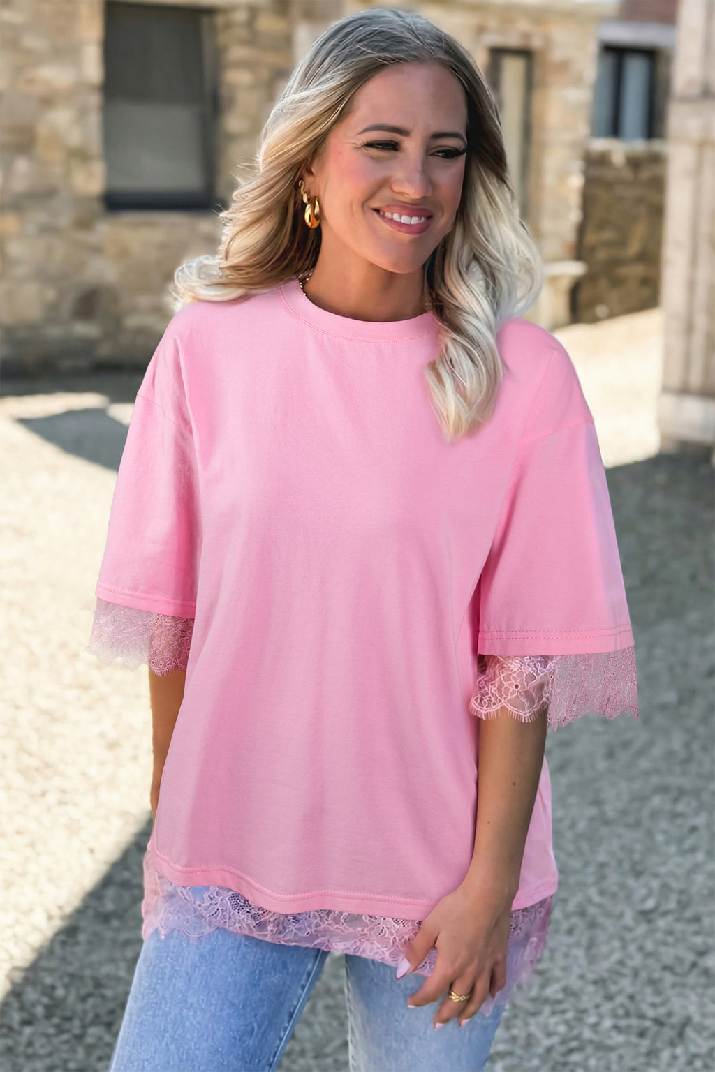 Pink Eyelash Floral Lace Patchwork Half Sleeve Oversize Tee