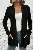 Stone Blue Ribbed Open Front Knitted Top with Pockets