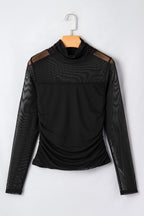 Coffee Sheer Mesh Patchwork High Neck Long Sleeve Top