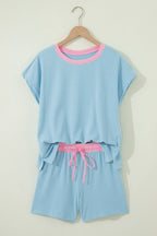 Clearly Aqua Soft Ribbed Color Block Trim Casual Short Set