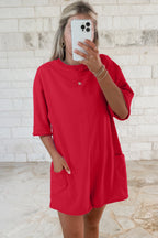 Pink Solid Color Raw Edge Half Sleeve Pocketed Loose Romper