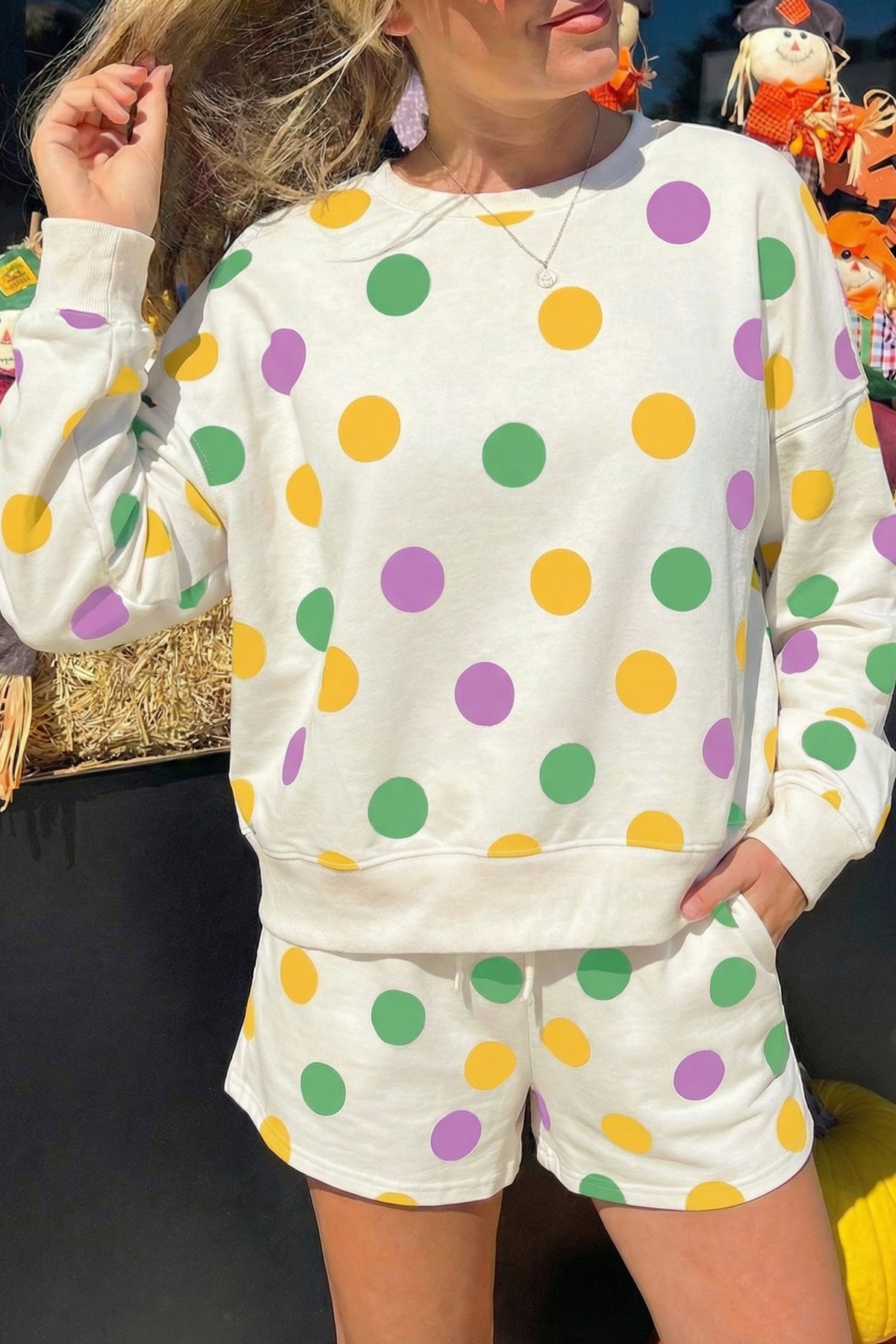 Multicolour Polka Dot Print Drop Shoulder Pullover Drawstring Shorts Set