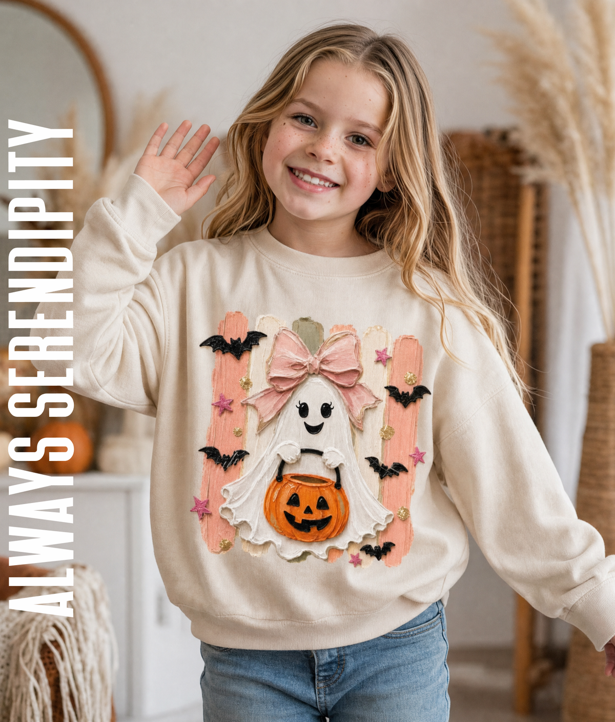 "Pink Bow Ghostie" Retro Halloween Kids Crewneck