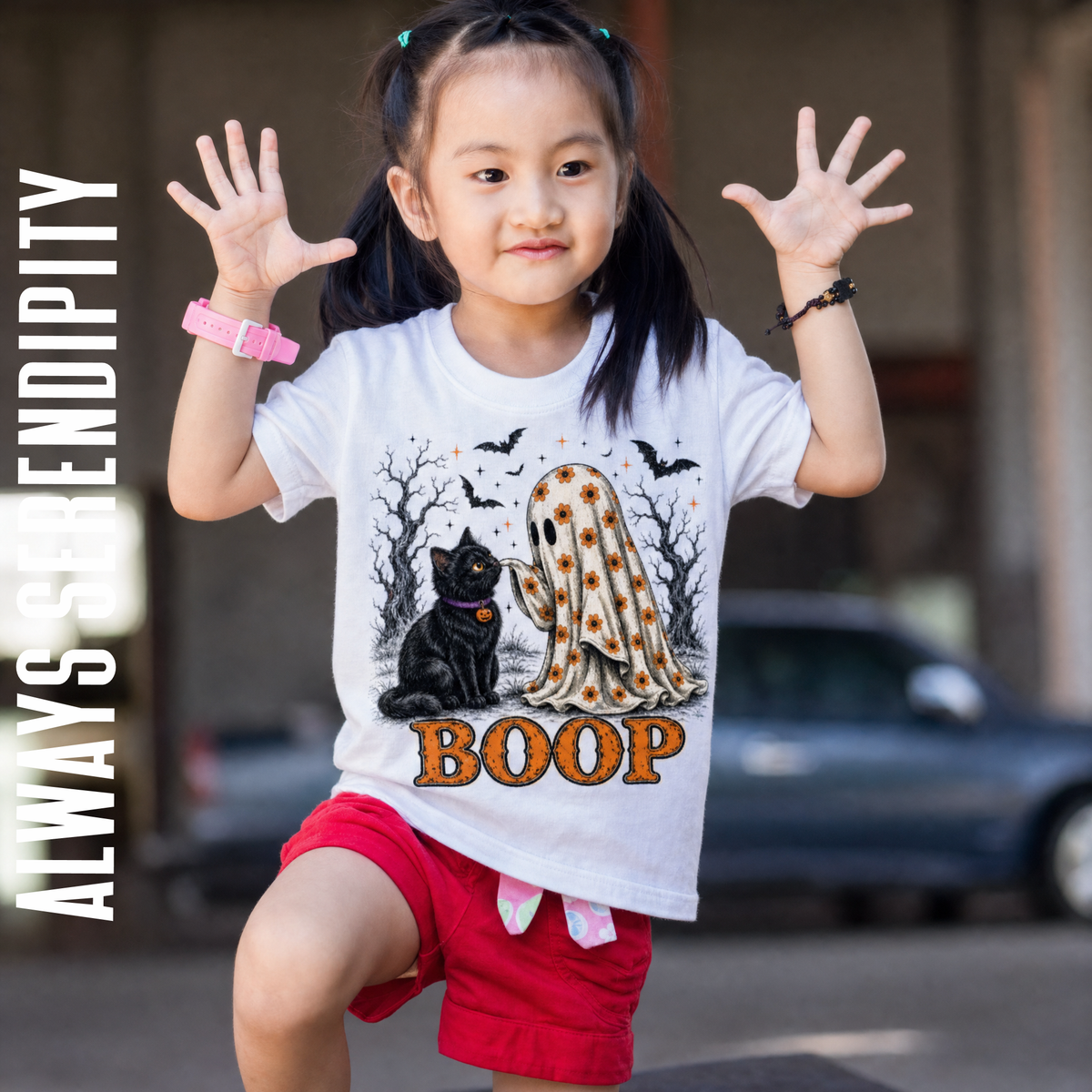"BOOP" Floral Ghost & Black Cat Kids Tee