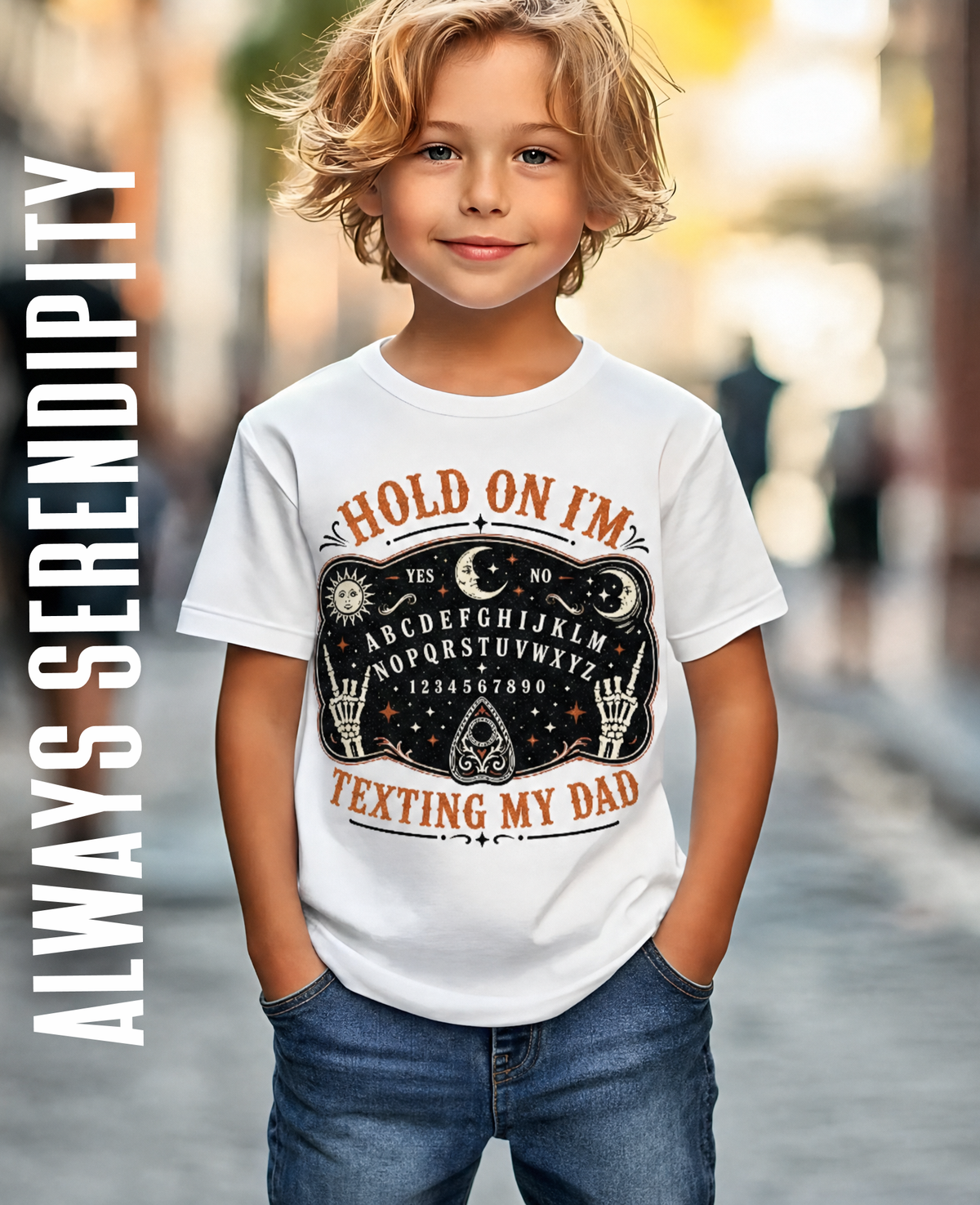 Retro Ouija Board "Texting My Dad" Kids Shirt – Funny Spooky Season Graphic Tee