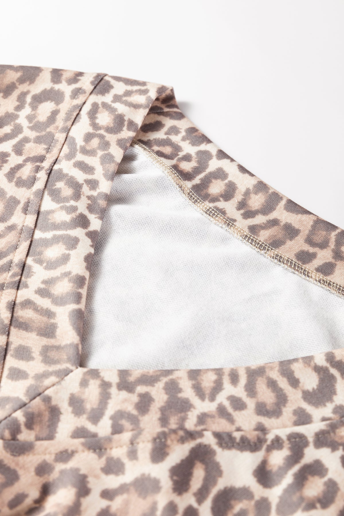 Light French Beige Leopard Print V Neck Pullover Mini Skirt 2pcs Set