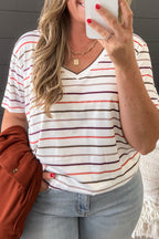 White Stripe V Neck Casual Plus Size Tee
