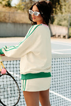 Beige Ribbed Colorblock Trim V Neck Sporty Pullover Mini Skort 2pcs Athleisure Set