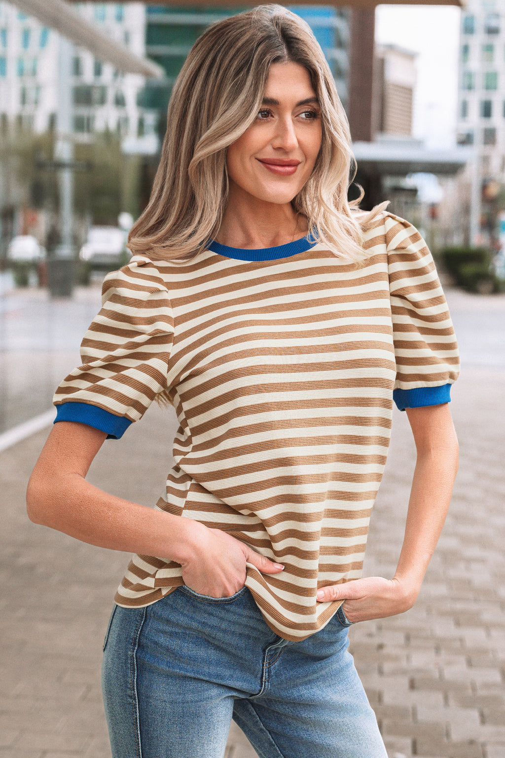 Rose Stripe Short Puff Sleeve Contrast Trim Round Neck Tee