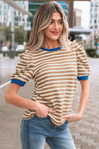 Rose Stripe Short Puff Sleeve Contrast Trim Round Neck Tee