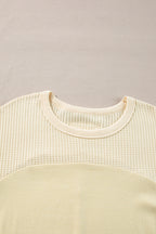 Beige Thermal Knit Patchwork Exposed Seam Long Sleeve Top