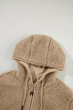 Beige Fleece Zip Up Drawstring Hooded Pocketed Jacket