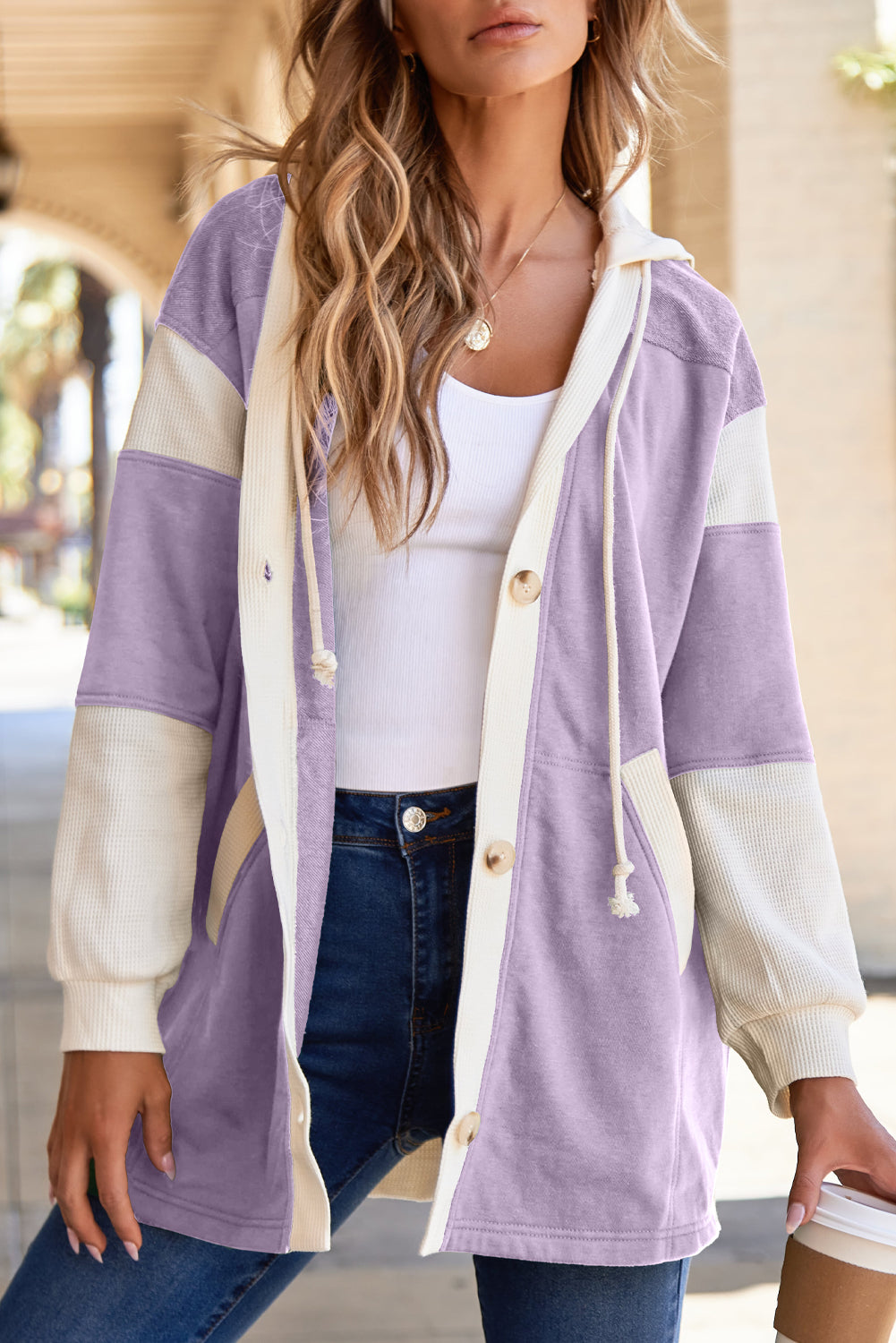 Light French Beige Waffle Contrast Knit Color Block Patchwork Button Front Oversize Hoodie