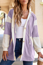 Light French Beige Waffle Contrast Knit Color Block Patchwork Button Front Oversize Hoodie