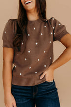 Chestnut Elegant Polka Dot Bubble Short Sleeve Sweater