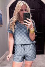 Beige Checkered V Neck Tee Drawstring Shorts Lounge Set