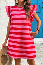 Black Stripe Flutter Sleeve Round Neck Shift Dress