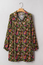 Green Floral Print Split Neck Bubble Sleeve Shift Mini Dress