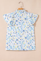Sky Blue Floral Print Frilled Notched V Neck Blouse