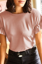 White Solid Color Ribbed Ruffled Short Sleeve T Shirt