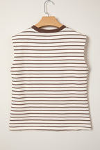 Brown Stripe Ribbed Round Neck Trim Loose Tank Top
