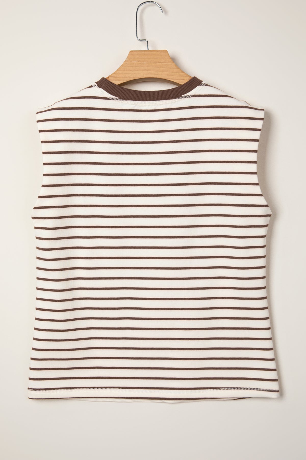 Brown Stripe Ribbed Round Neck Trim Loose Tank Top