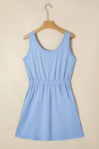 Sky Blue Mineral Wash Elastic Waist Tank Dress with Side Pockets