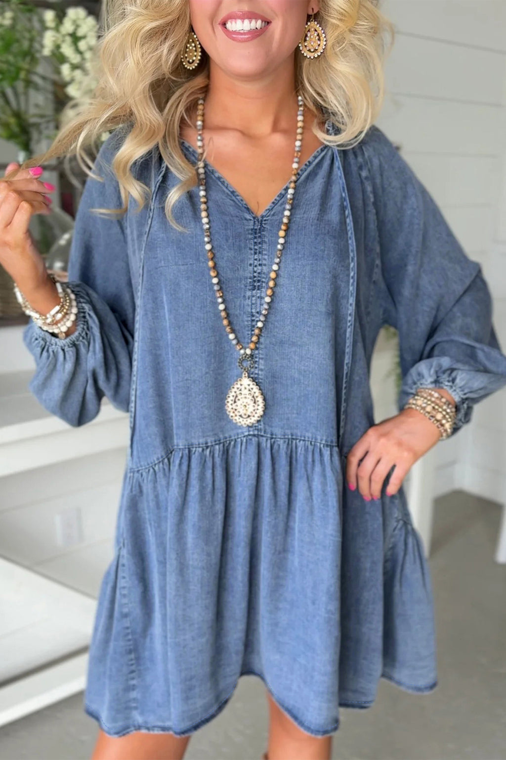 Myosotis Puff Sleeve V Neck Ruffled Loose Denim Mini Dress