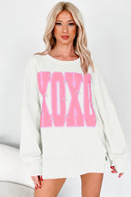 Black Bow Sequin XOXO Letter Graphic Exposed Seam Baggy Sweatshirt