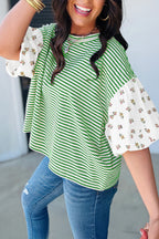 Black Stripe Floral Puff Sleeve Patchwork Round Neck Loose Top