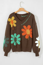 Coffee Big Flower Pattern V Neck Drop Shoulder Sweater